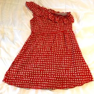 Hazel, small, red and tan off one shoulder dress. Silk feel, empire waist G